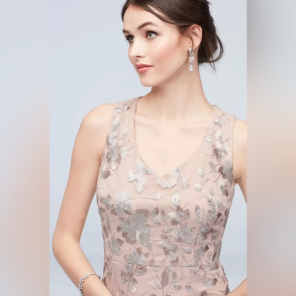 Embroidered Sequin Flower V Neck Tulle Gown - Picture 3 of 11